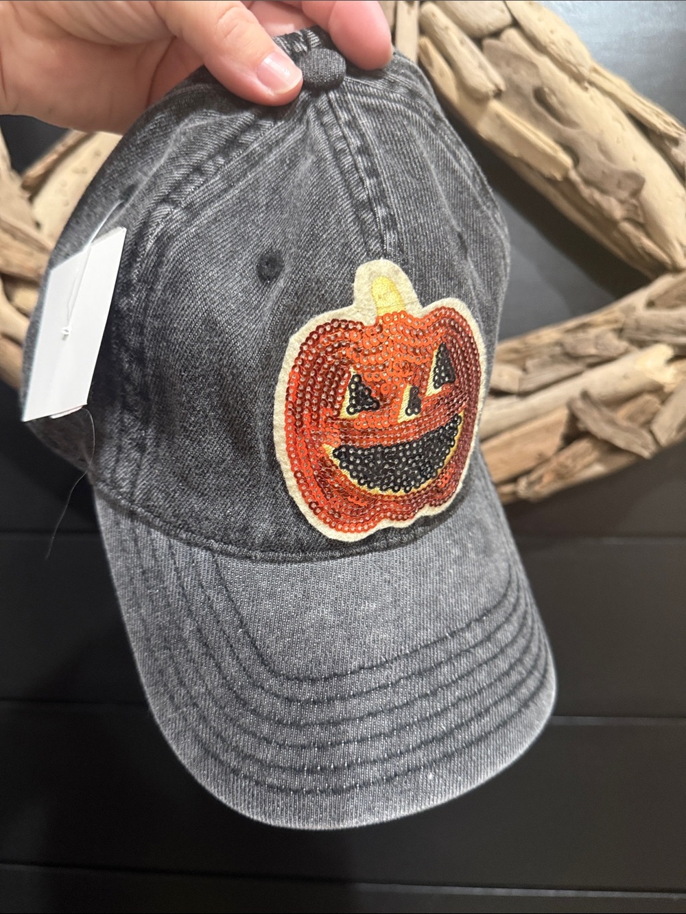 Halloween 🎃 Gray Baseball Cap with Orange Sequin Pumpkin Patch
